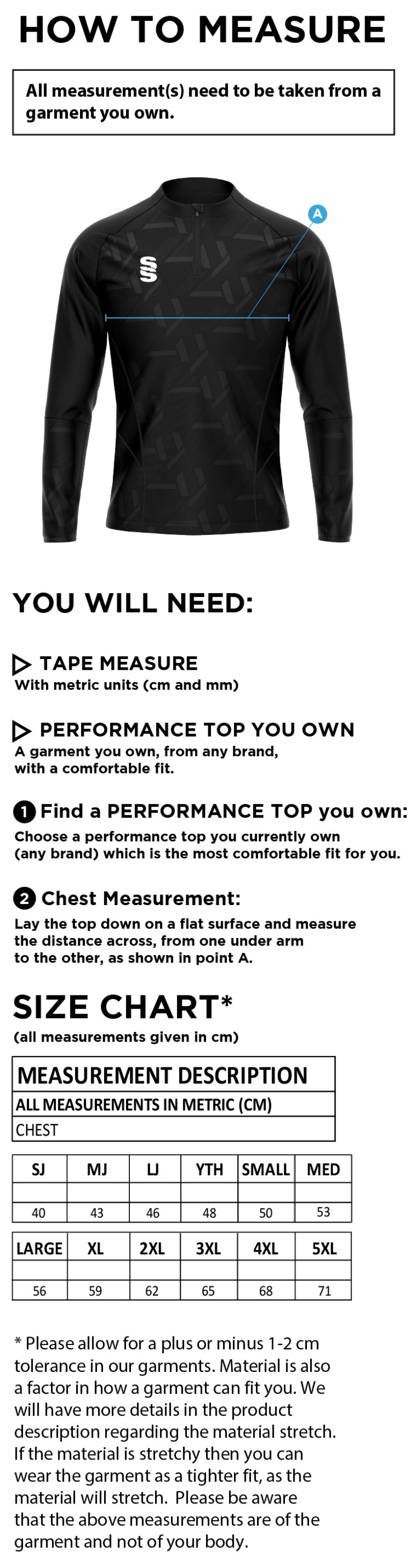Impact 1/4 Zip Performance Top : Royal - Size Guide